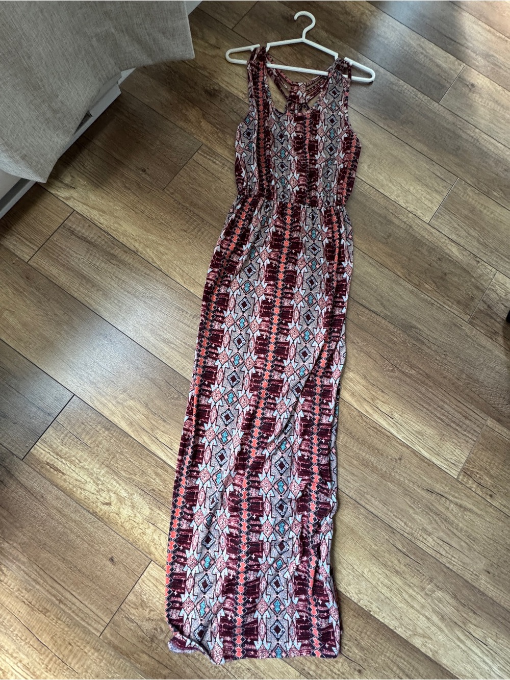 Pink Rose Sleeveless Maxi Dress in Burgundy, Cream and Black Geo Print